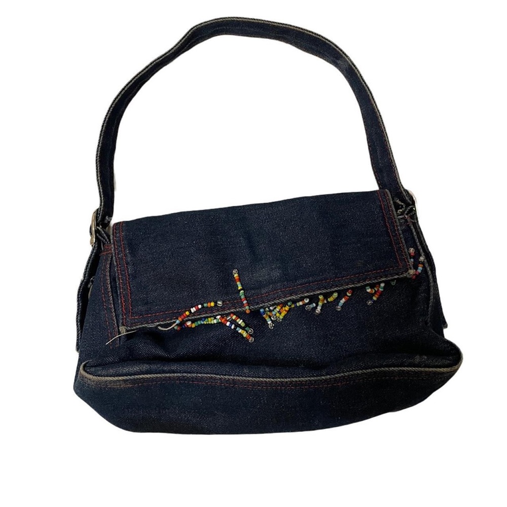 unbranded mini blue demin purse with mini bead tassles on the flap